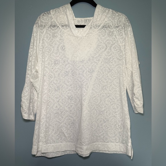 Columbia Tops - Columbia Womens White Burnout Floral Medallion 3/4 Sleeve Hoodie Top Large